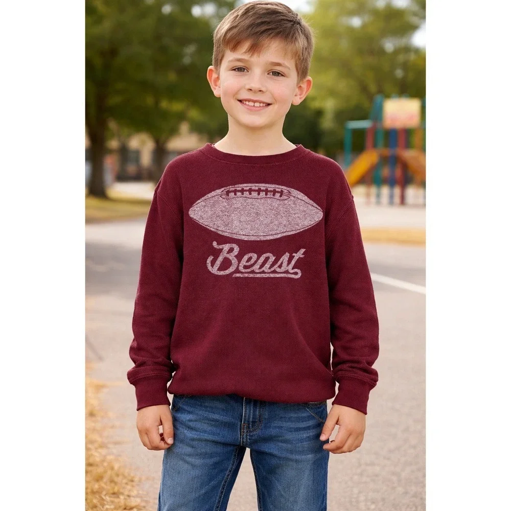 Old Navy Shirt Waffle Knit Long Sleeve Burgundy Football Beast Size Boys Medium